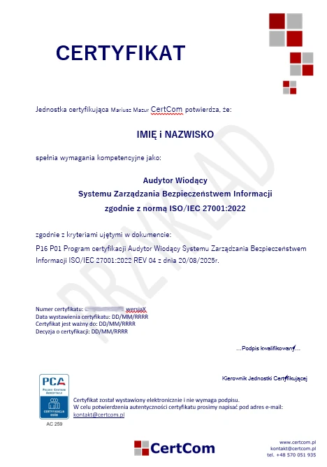 Certyfikat Audytor Wiodący ISO 27001 przykład